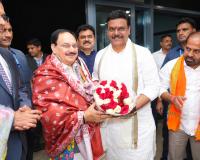 BJP Leaders Welcome J.P. Nadda on Arrival in Vijayawada